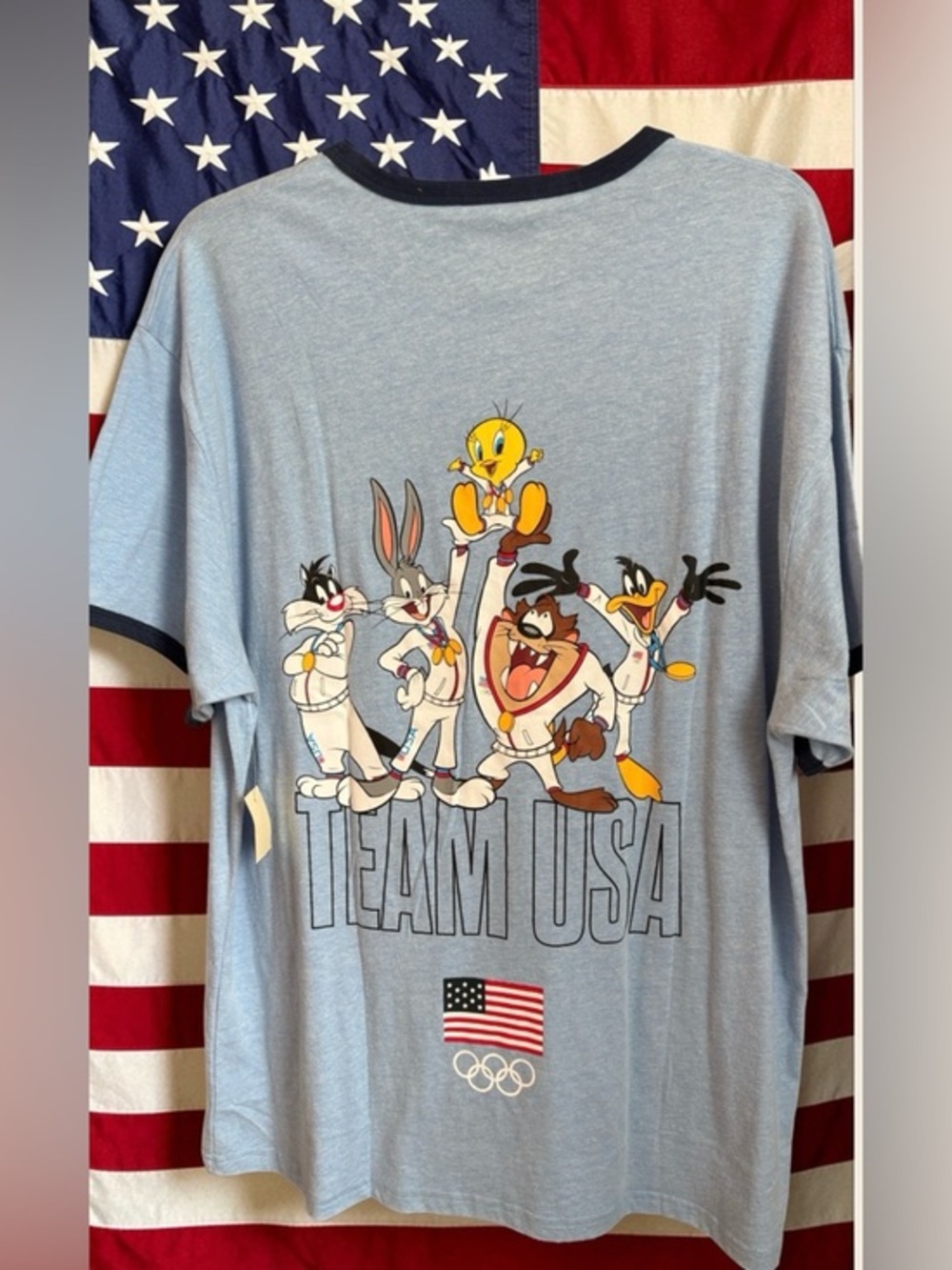 Warner Bros. Light Blue Ringer Tee with Looney Tunes Olympic Team USA Graphics L